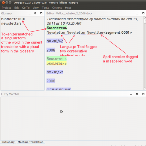 OmegaT with spell checking, language tool, and tokenizer