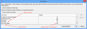 The OmegaT file filters window displaying different XLIFF filters