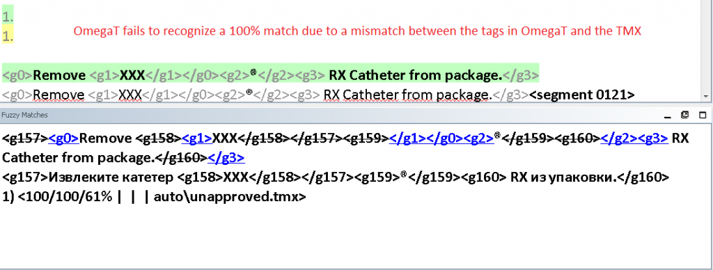 OmegaT fails to recognize a 100% match due to a mismatch in tags