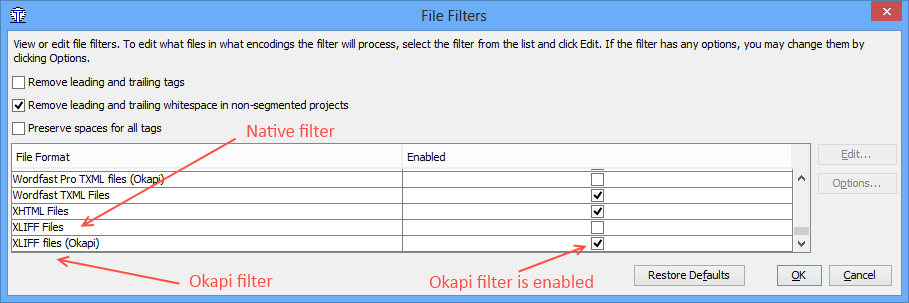 The OmegaT file filters window displaying different XLIFF filters
