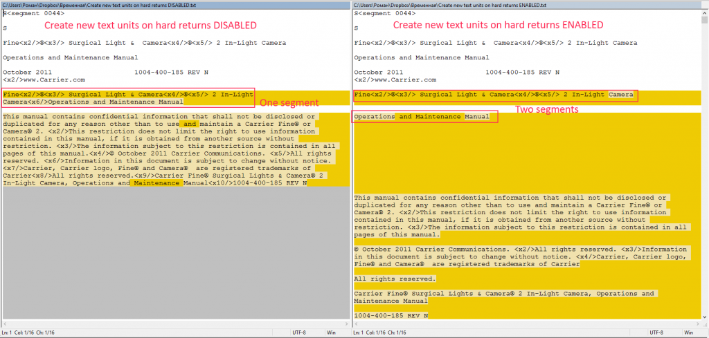OmegaT: Customizing Options for Okapi Filters Comparison Of Create New Text Units On Hard Returns Enabled And Disabled 1024x489